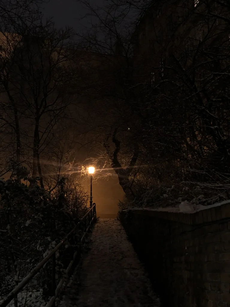 Wir sehen einen schneebedeckten Weg, der von einer Straßenlaterne in warmes Licht gehüllt wird.
